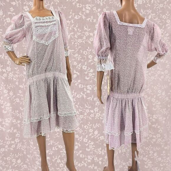 NWT Vintage 70s Gunne Sax Prairie Dress Lilac Ruffle Drop Waist Floral Crochet 9 - Picture 2 of 12